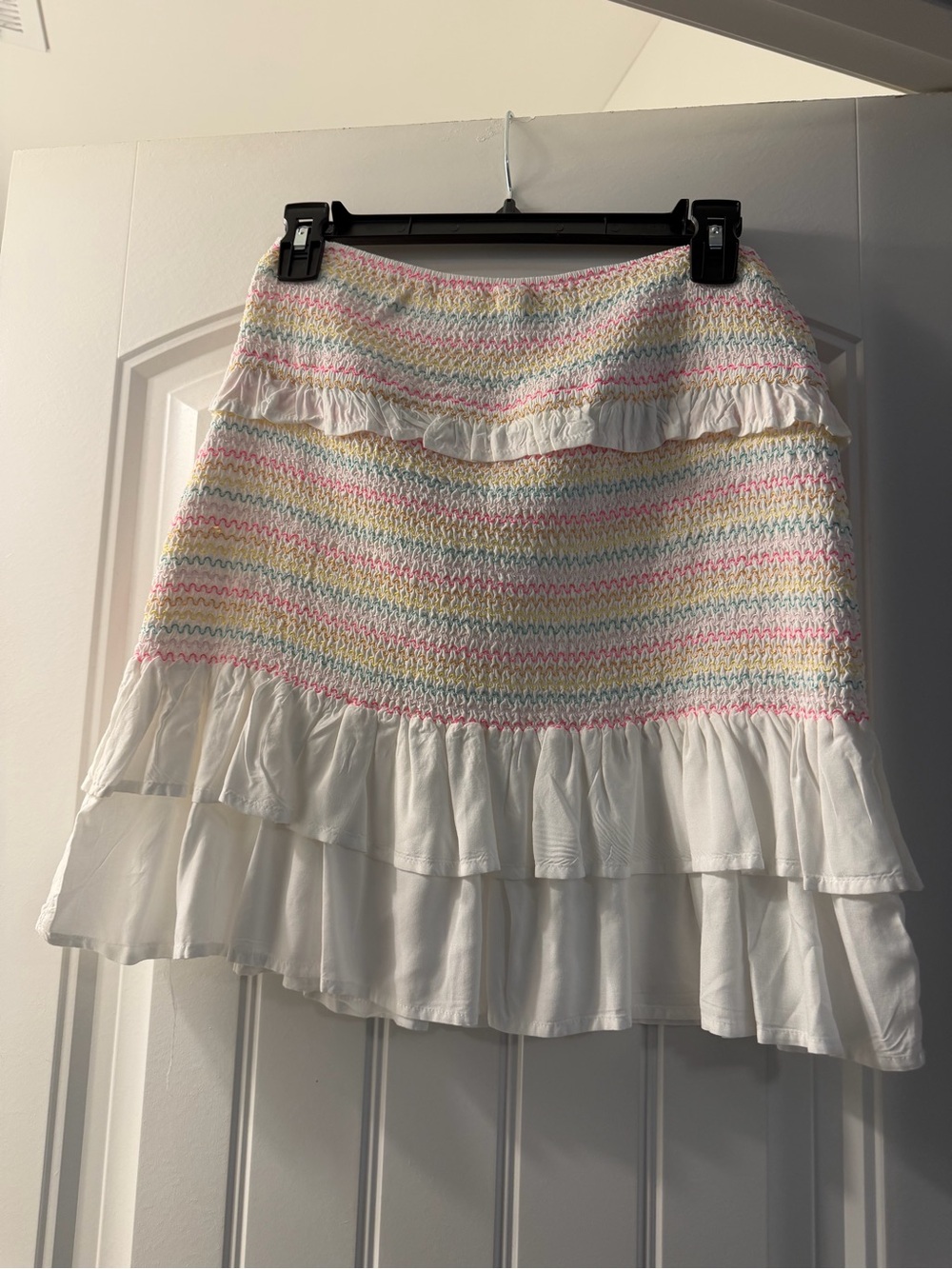 White Tiered Smocked Mini Skirt with Pastel Stripes